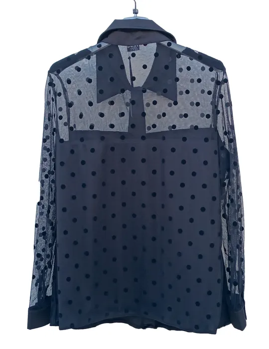 Plussize Italian Black mesh with velvet polka dots Shirt and Sheer Neckline