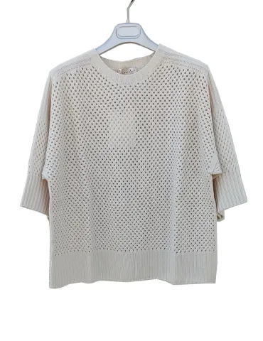 Maglia mantella traforata in merino extrafine bianco burro | Amethist 2