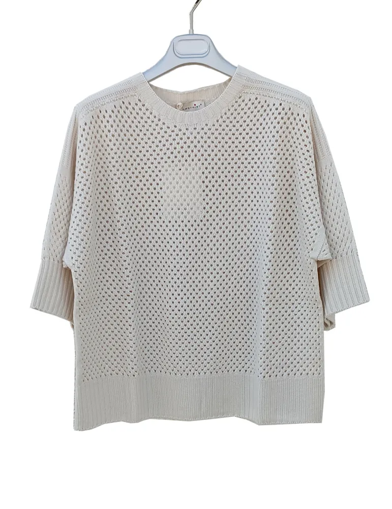 Maglia mantella traforata in merino extrafine bianco burro | Amethist