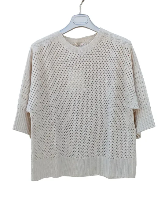 Merino Wool Openwork Poncho Sweater in Butter White