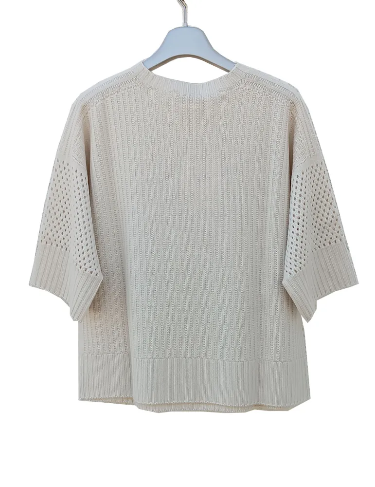 Merino Wool Openwork Poncho Sweater in Butter White