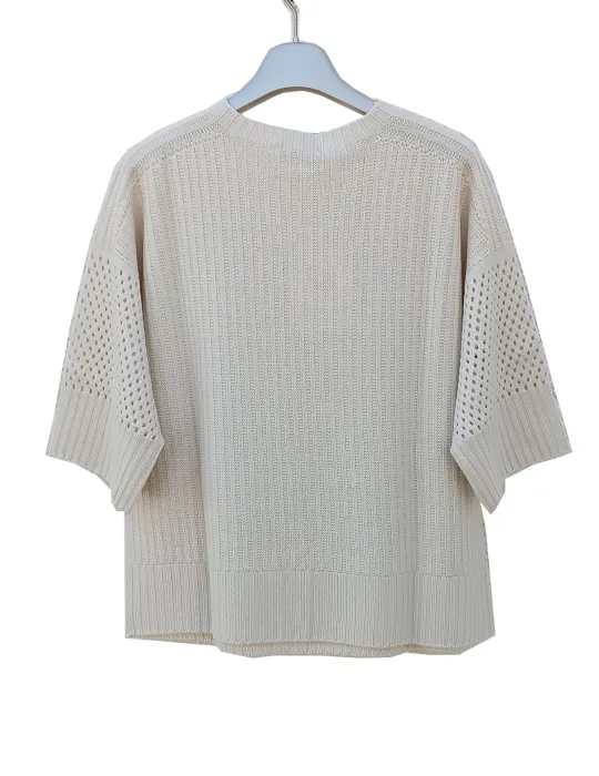 Maglia mantella traforata in merino extrafine bianco burro | Amethist