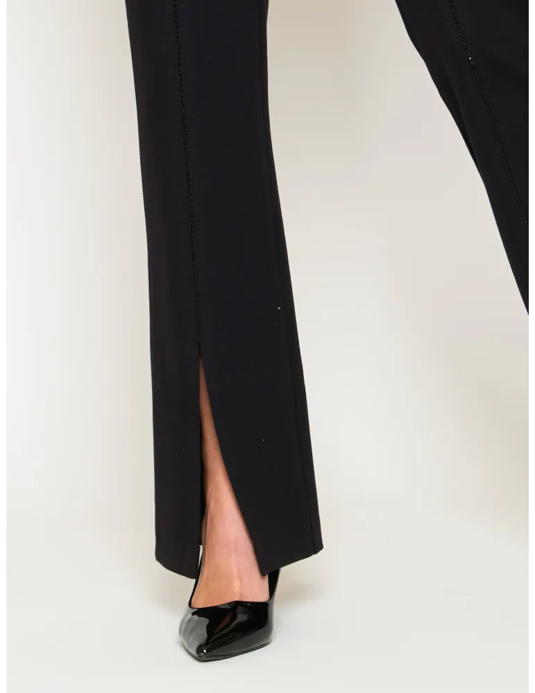 Black tapered viscose trousers with split and rhinestones