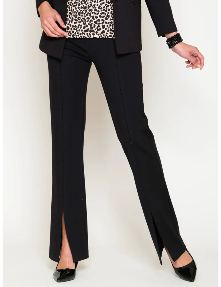 Pantaloni neri con spacco e strass in viscosa | Francesca Mercuriali
