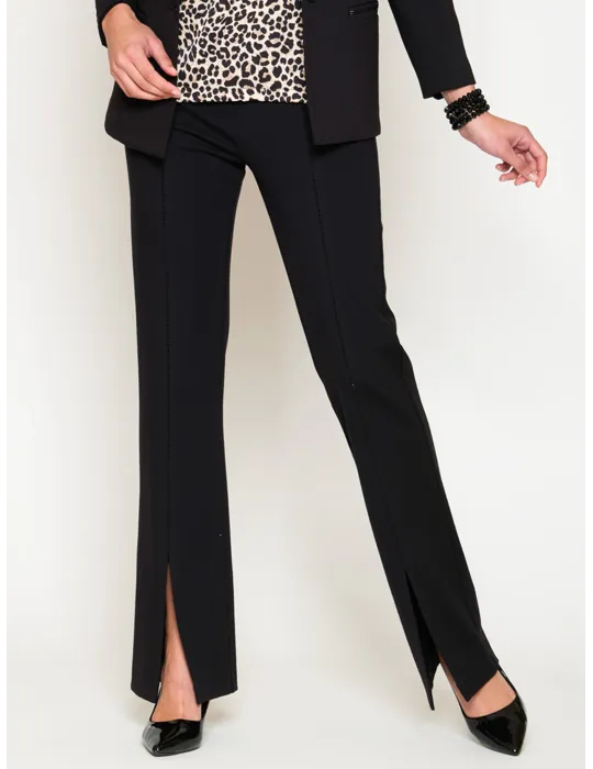 Black tapered viscose trousers with split and rhinestones