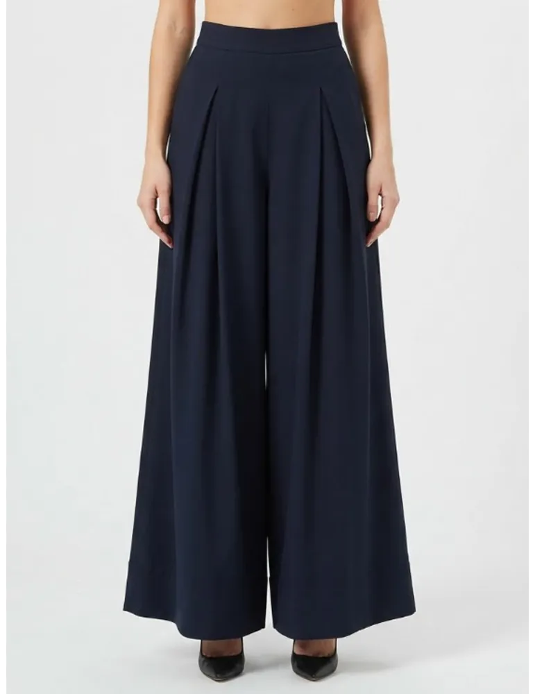 Black Cady Wide-Leg Trousers with Front Pleats by Amethist