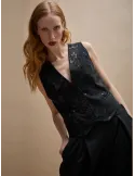 Black Satin and Cady Waistcoat with Sequin Embroidery by Amethist