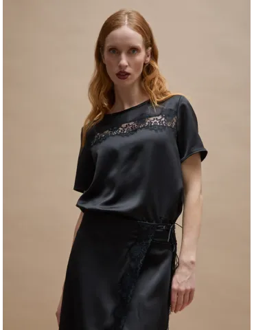 Completo t-shirt gonna midi portafoglio raso nero e pizzo - Amethist