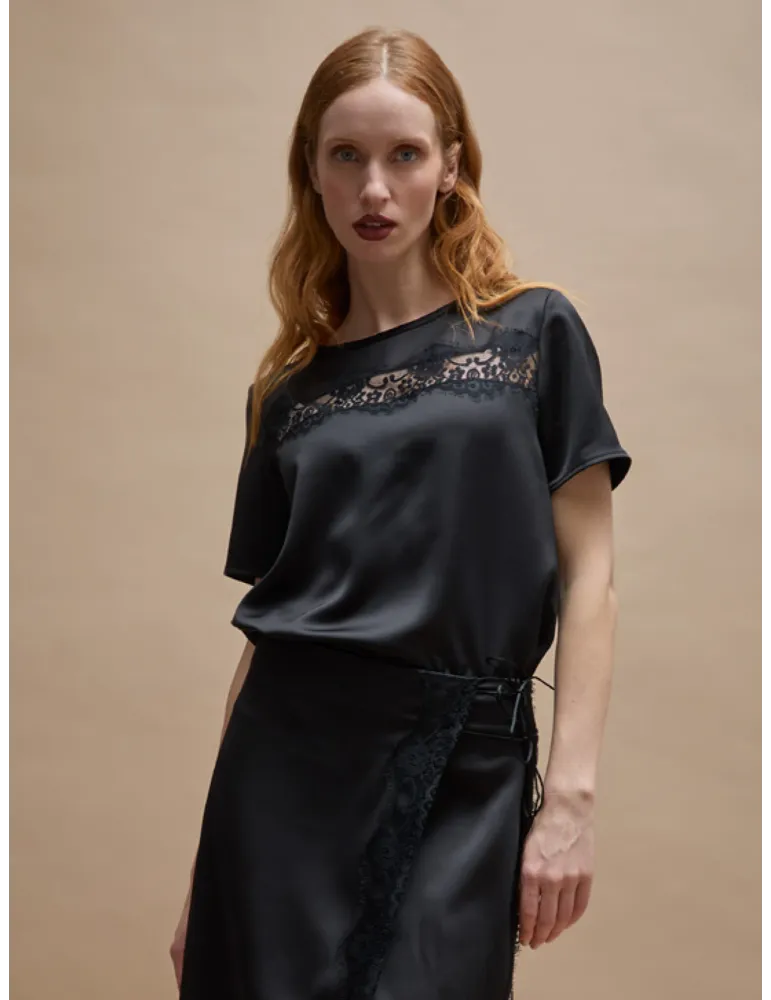 Black Satin and Lace T-Shirt & Midi Wrap Skirt Set by Amethist