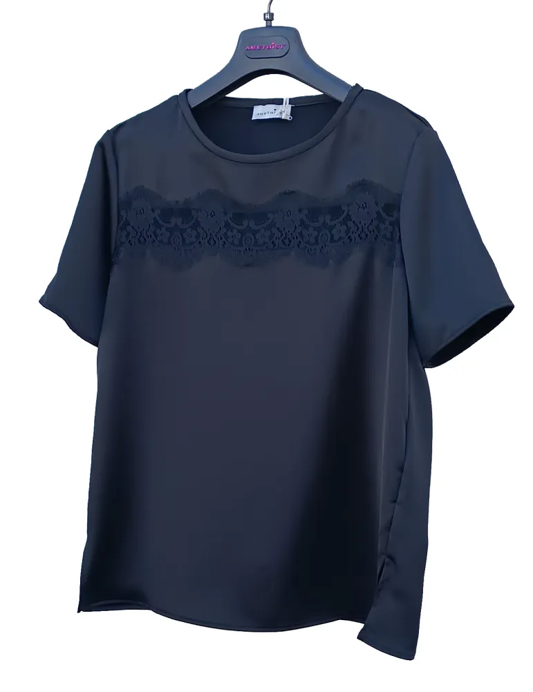 Completo t-shirt gonna midi portafoglio raso nero e pizzo - Amethist