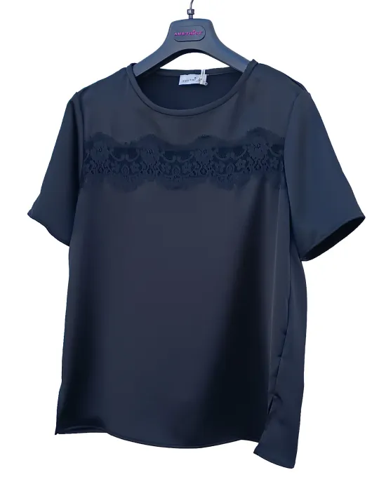 Completo t-shirt gonna midi portafoglio raso nero e pizzo - Amethist