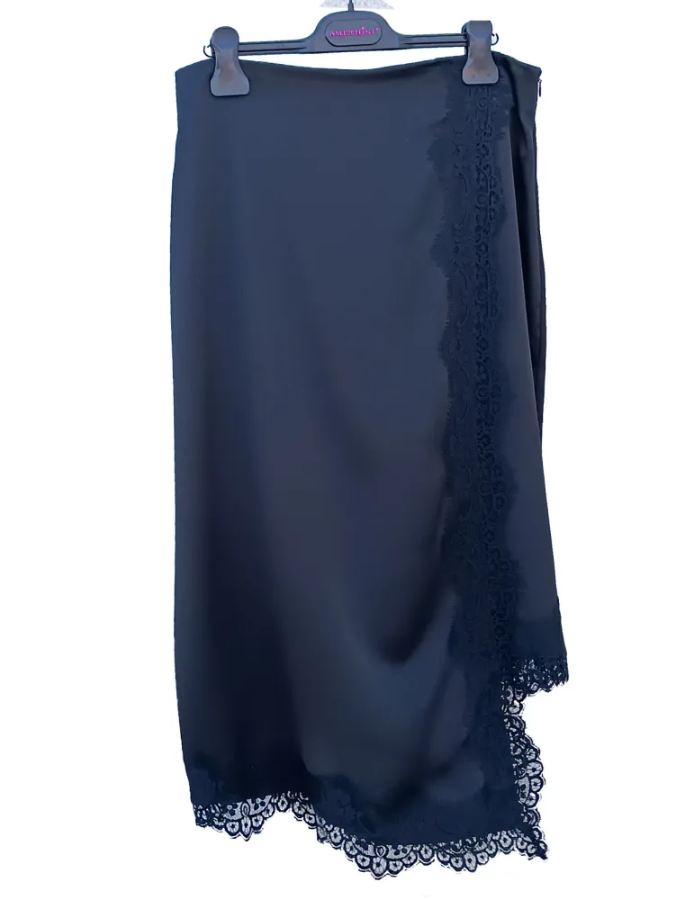 Black Satin and Lace T-Shirt & Midi Wrap Skirt Set by Amethist