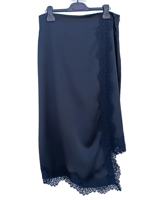 Black Satin and Lace T-Shirt & Midi Wrap Skirt Set by Amethist