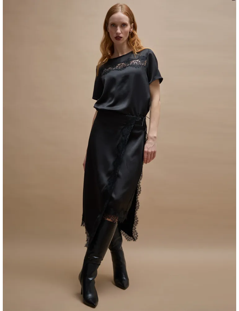 Black Satin and Lace T-Shirt & Midi Wrap Skirt Set by Amethist
