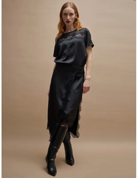 Completo t-shirt gonna midi portafoglio raso nero e pizzo - Amethist