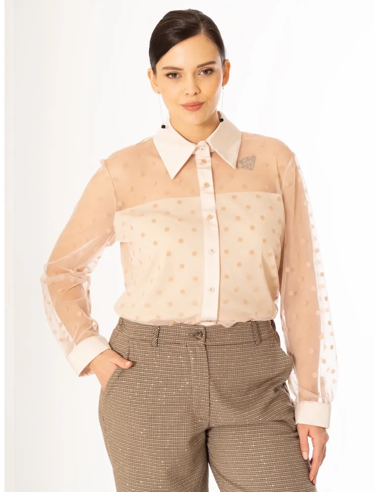 Plussize Italian Beige mesh velvet polka dots Shirt and Sheer Neckline