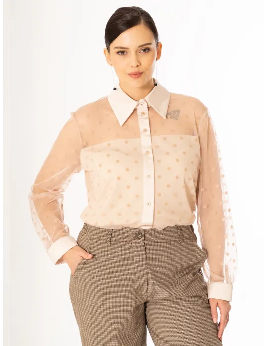 Beige mesh with velvet polka dots Shirt and Sheer Neckline