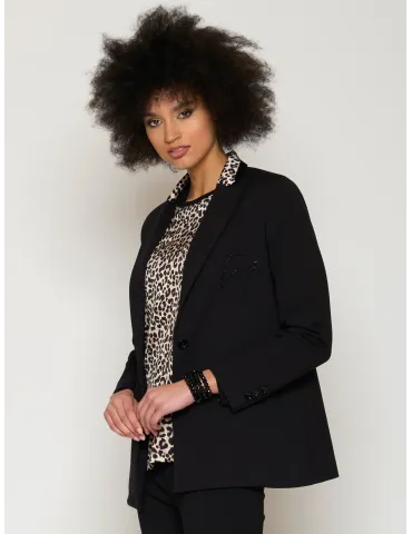 Giacca nera blazer con strass e profili animalier Francesca Mercuriali