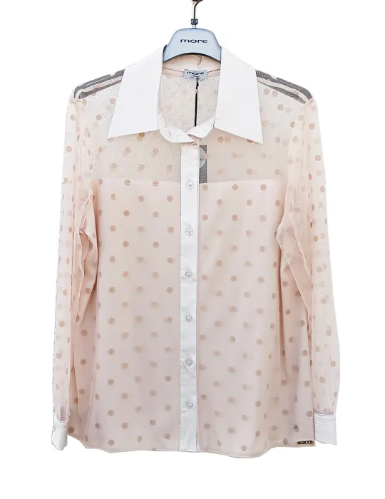 Plussize Italian Beige mesh velvet polka dots Shirt and Sheer Neckline