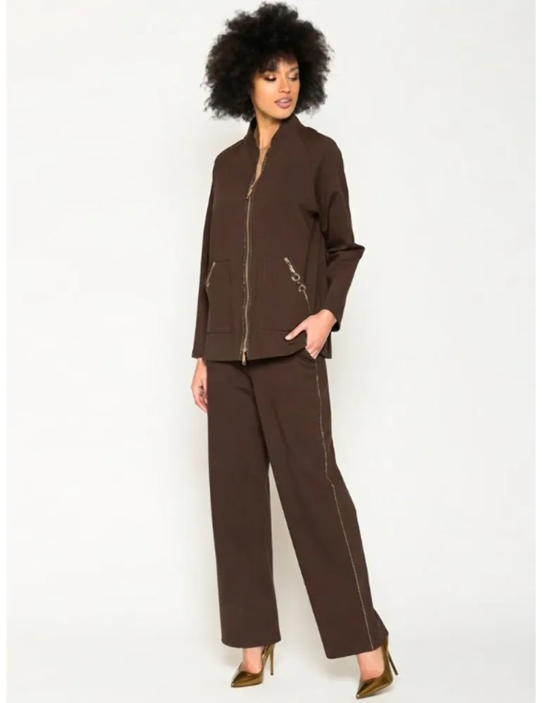 Brown Jacket and Trousers track suit with Rhinestones for plus size
