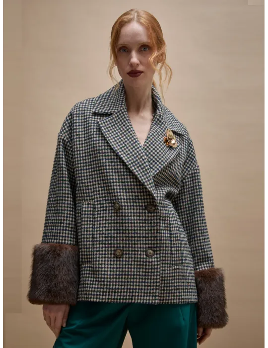 Double-Breasted Houndstooth Coat with Fur Cuffs and Brooch