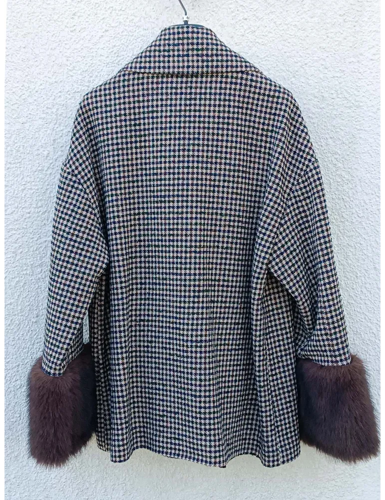 Double-Breasted Houndstooth Coat with Fur Cuffs and Brooch