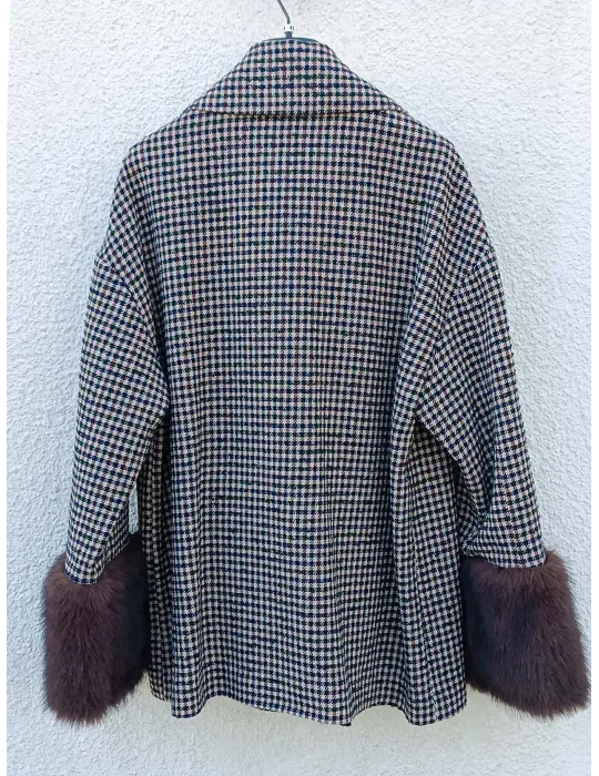Double-Breasted Houndstooth Coat with Fur Cuffs and Brooch