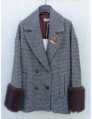 Double-Breasted Houndstooth Coat with Brown Fur Cuffs and Brooch 2