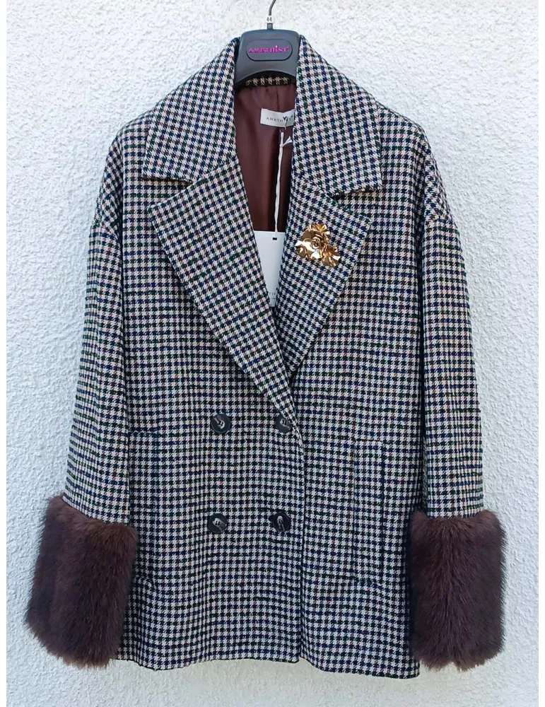 Giaccone pied de poule blu verde e marrone polsi di pelliccia Amethist