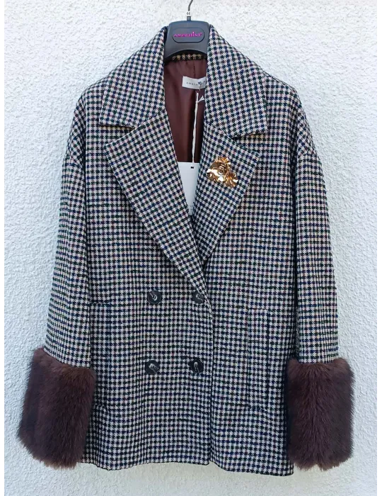 Double-Breasted Houndstooth Coat with Fur Cuffs and Brooch