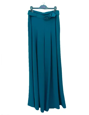 Petrol Blue Tailored Suit with Wide-Leg Trousers and Belt
