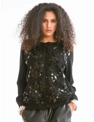 Piero Moretti Black merino wool cardigan jacket with rich embroidery