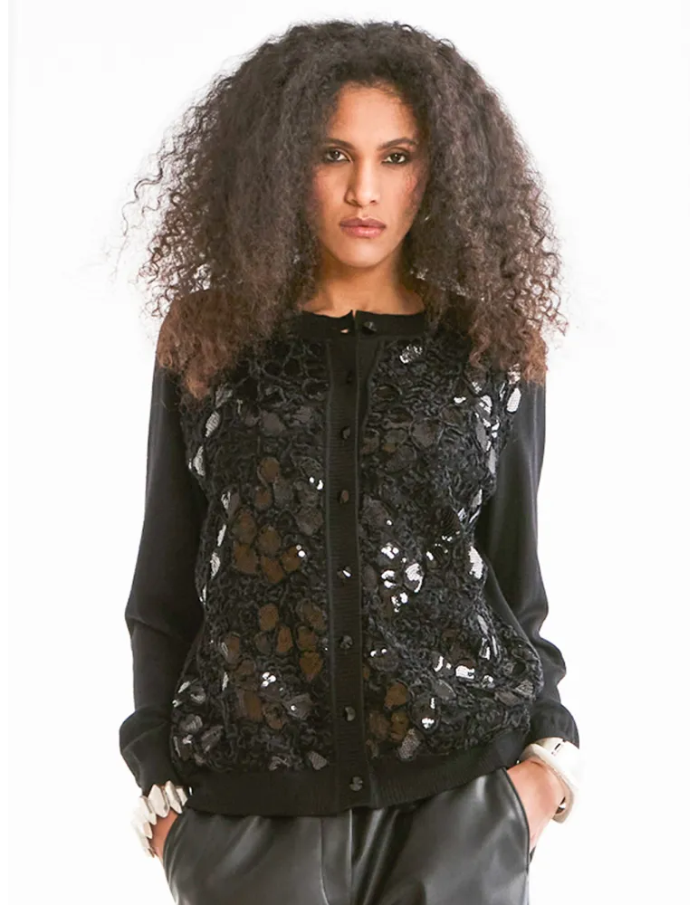 Piero Moretti Black merino wool cardigan jacket with rich embroidery