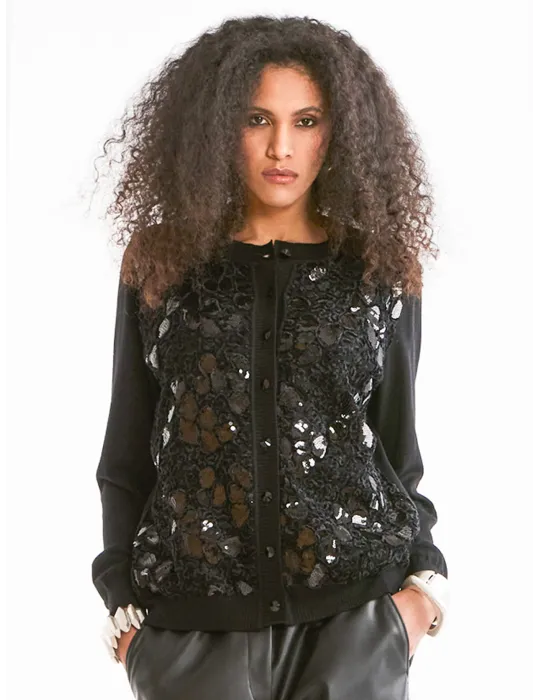 Piero Moretti Black merino wool cardigan jacket with rich embroidery