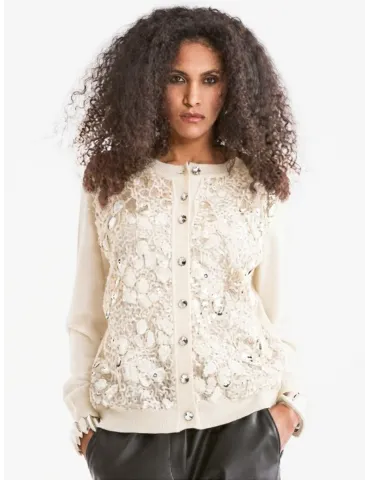 Piero Moretti white merino wool cardigan jacket with rich embroidery