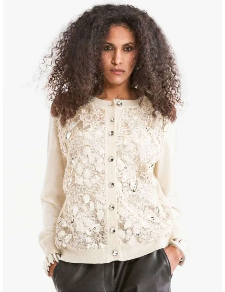 Piero Moretti white merino wool cardigan jacket with rich embroidery