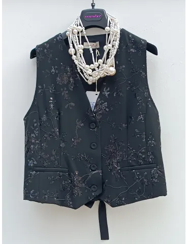 Gilet panciotto in raso e cady nero con ricami di paillettes Amethist 2
