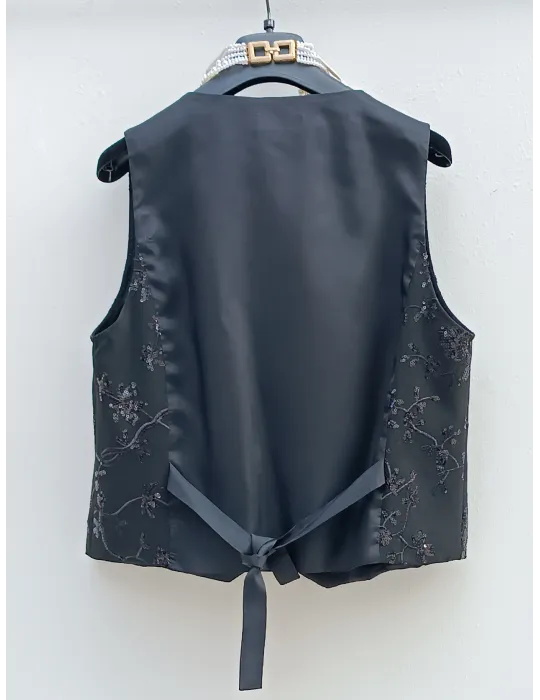 Black Satin and Cady Waistcoat with Sequin Embroidery by Amethist