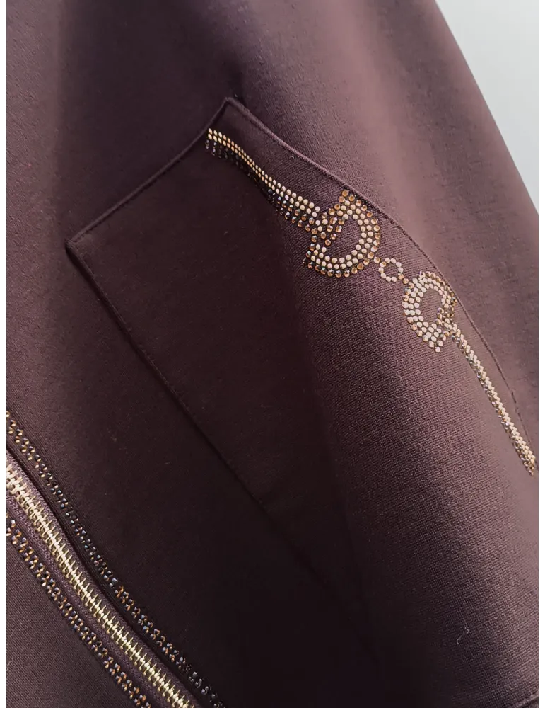 Brown Jacket and Trousers track suit with Rhinestones for plus size