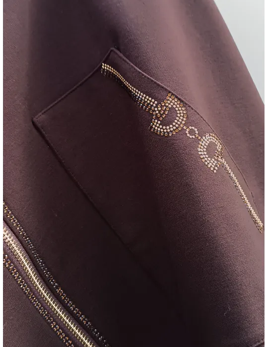 Brown Jacket and Trousers track suit with Rhinestones for plus size
