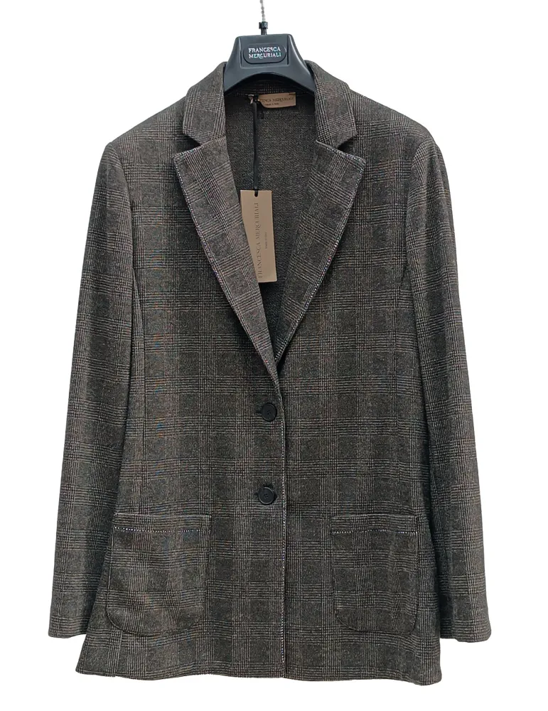 Plus size Grey Prince of Wales Check Jersey Pants Suit with Rhinestones