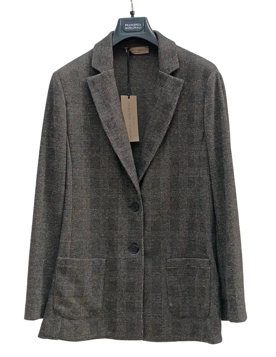 Plus size Grey Prince of Wales Check Jersey Pants Suit with Rhinestones