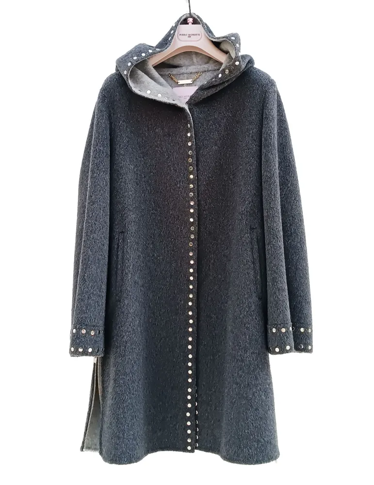 Piero Moretti | Double grey wool Hooded Coat with studs embroideries