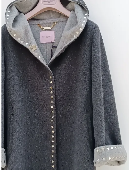 Piero Moretti | Double grey wool Hooded Coat with studs embroideries