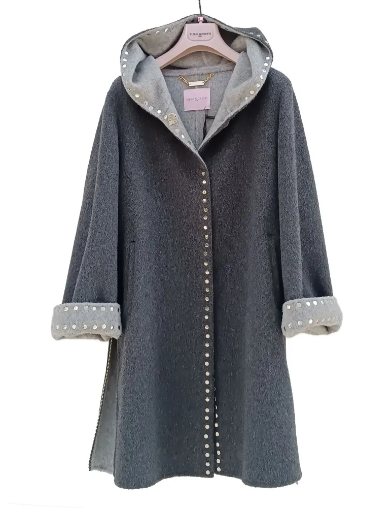 Piero Moretti | Double grey wool Hooded Coat with studs embroideries