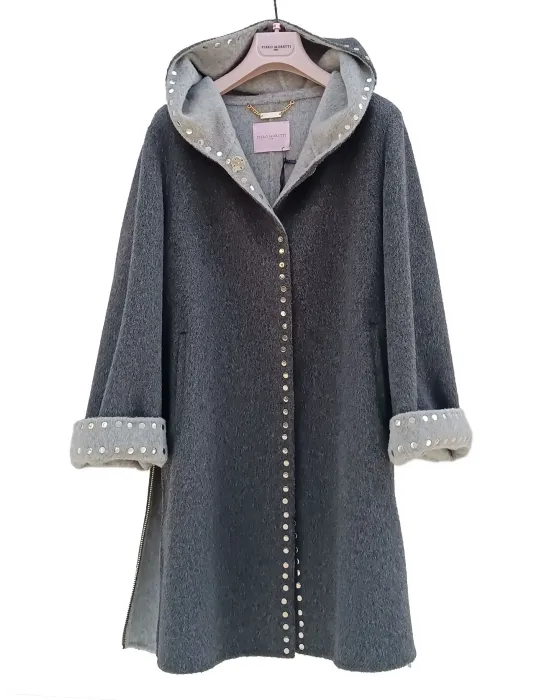 Piero Moretti | Double grey wool Hooded Coat with studs embroideries