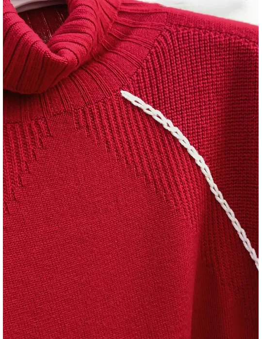 Burgundy Merino Wool Roll-Neck Sweater with White Embroidery