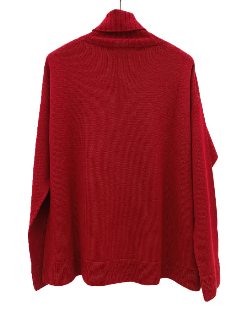 Burgundy Merino Wool Roll-Neck Sweater with White Embroidery