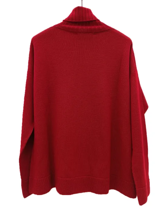 Burgundy Merino Wool Roll-Neck Sweater with White Embroidery