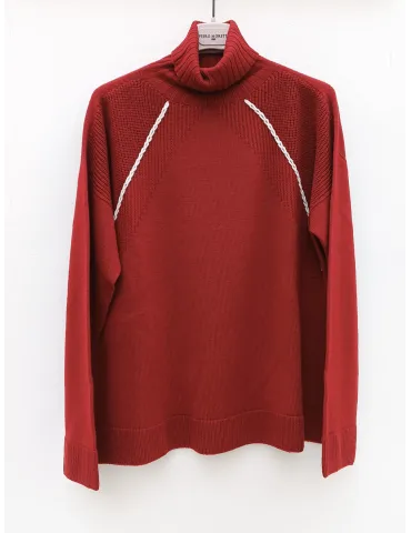 Burgundy Merino Wool Roll-Neck Sweater with White Embroidery